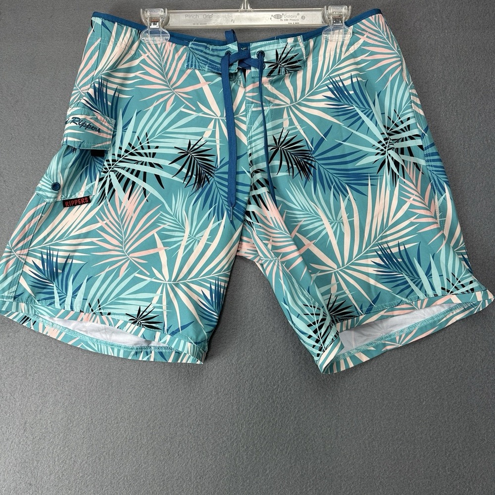 Maui Rippers Shorts womens 12 Blue Palm Leaf Board Swim Trunks Hawaiian Print